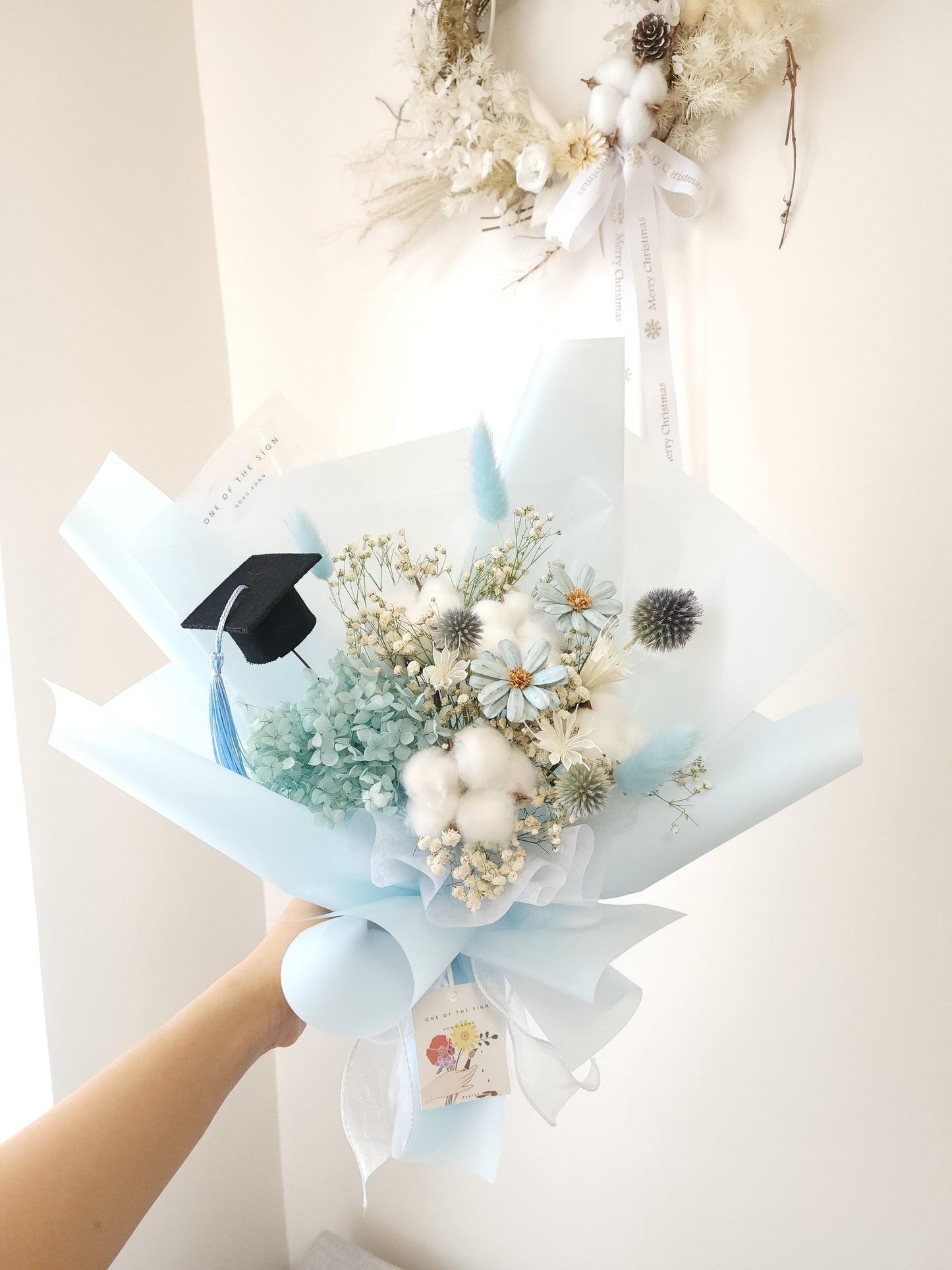 木棉花x永生繡球花束 - 淺藍色 | Cotton Flower x Preserved Hydrangeas Bouquet - Baby Blue