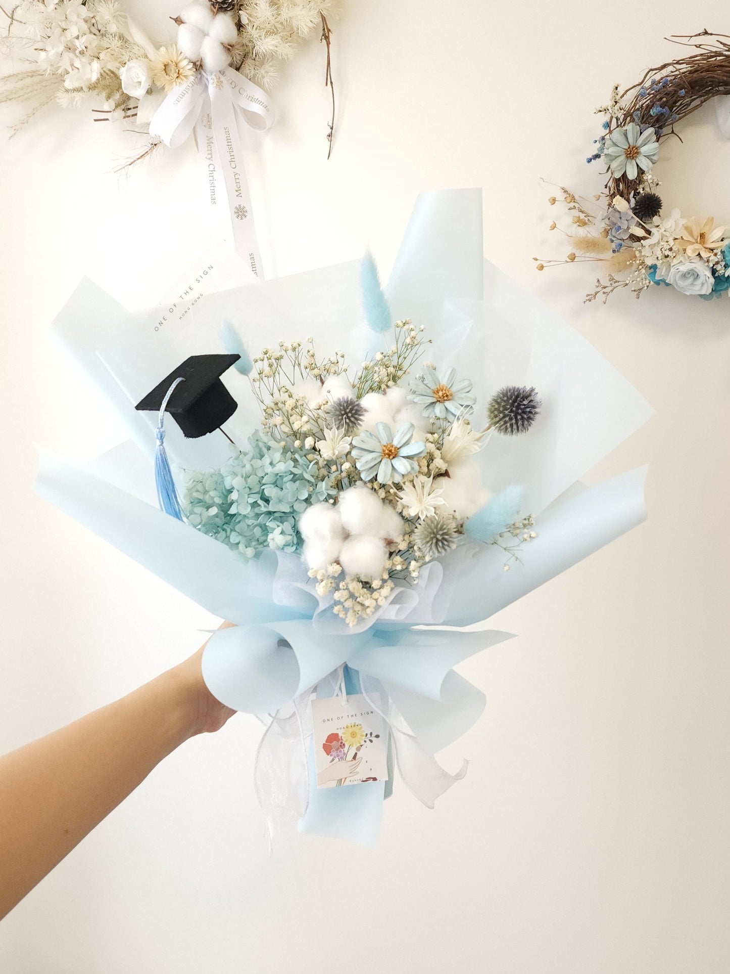 木棉花x永生繡球花束 - 淺藍色 | Cotton Flower x Preserved Hydrangeas Bouquet - Baby Blue