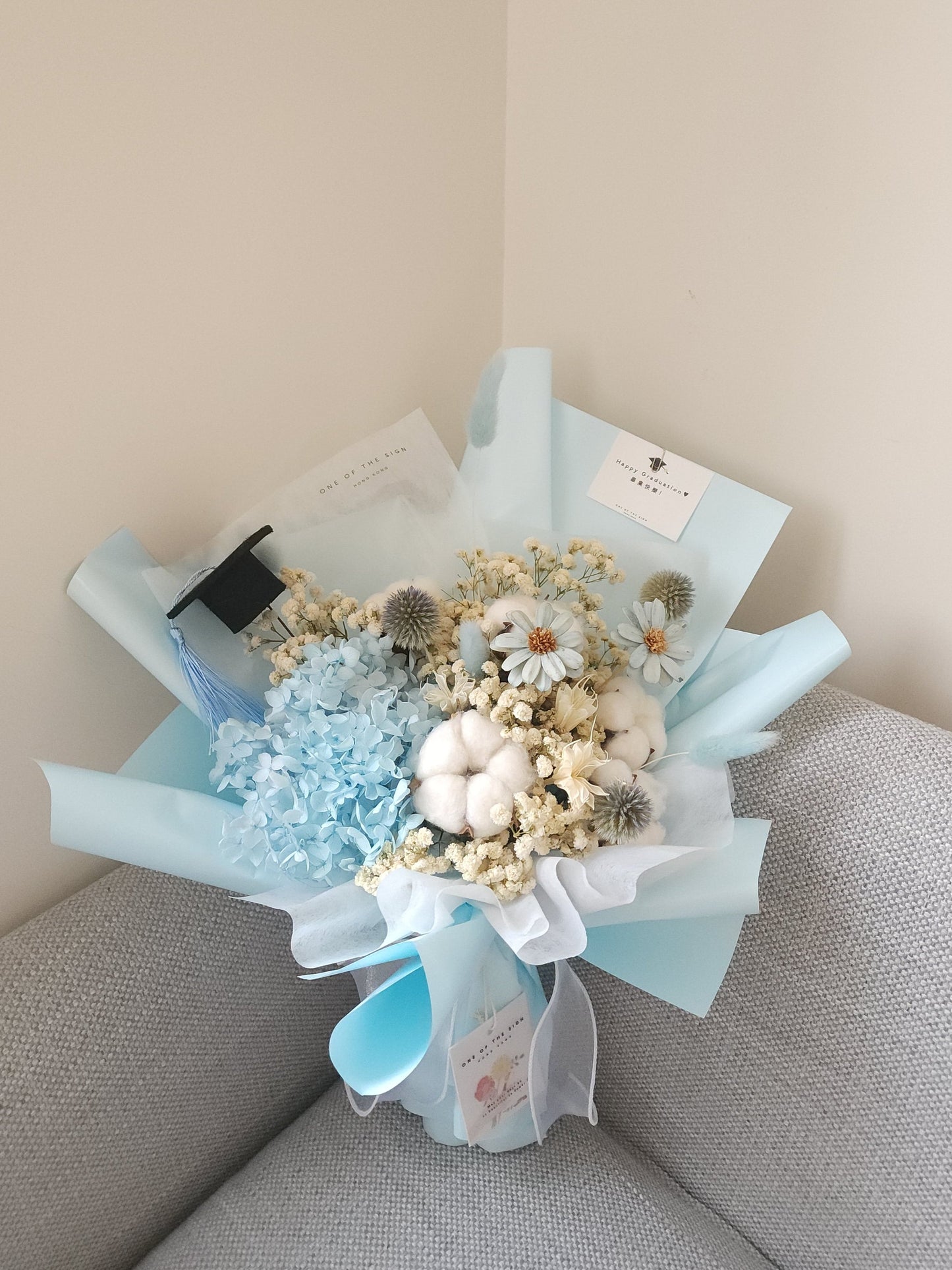 木棉花x永生繡球花束 - 淺藍色 | Cotton Flower x Preserved Hydrangeas Bouquet - Baby Blue