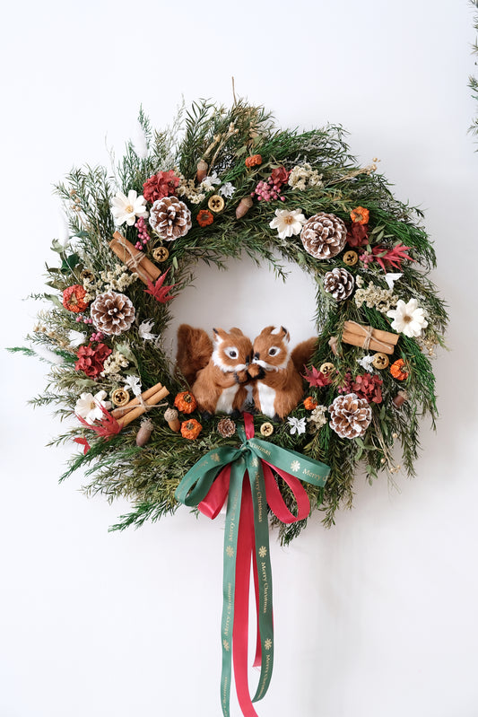 紅色手工製松鼠聖誕永生花環 (L) | Handmade Preserved Flower Christmas Wreath 55cm (Large)