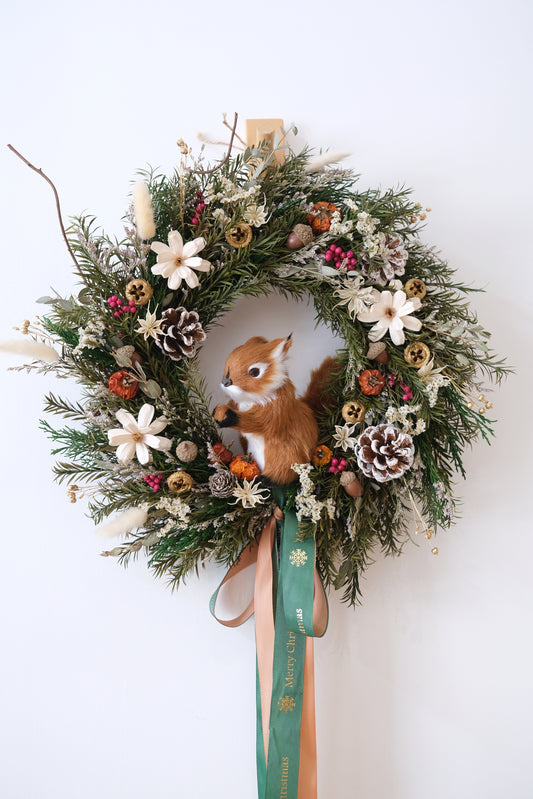 手工製松鼠聖誕永生花環 (M) | Handmade Preserved Flower Christmas Wreath 40cm (Medium)