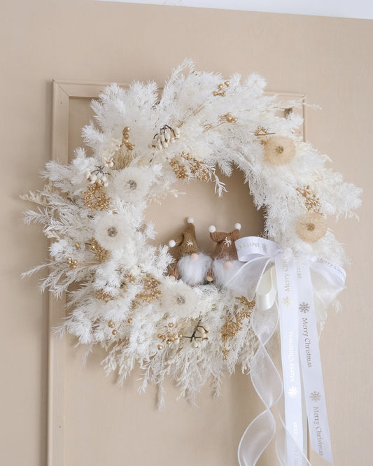 白色聖誕永生花環 - 雪 （M）| White Preserved Christmas Wreath - Snow 40cm（Medium）