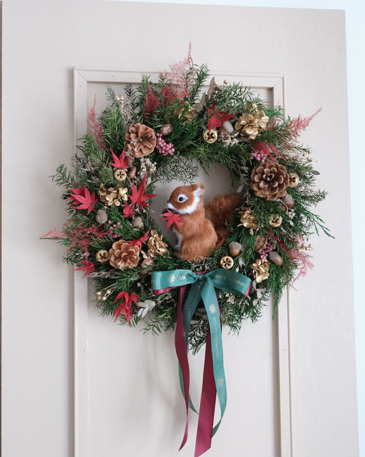 紅金色 - 手工製松鼠聖誕永生花環(M) | Handmade Preserved Flower Christmas Wreath 40cm (Medium)